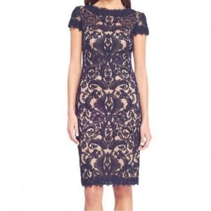 Tadashi Shoji Navy Lace Midi Cocktail Evening Wedding Guest Dress Size 2